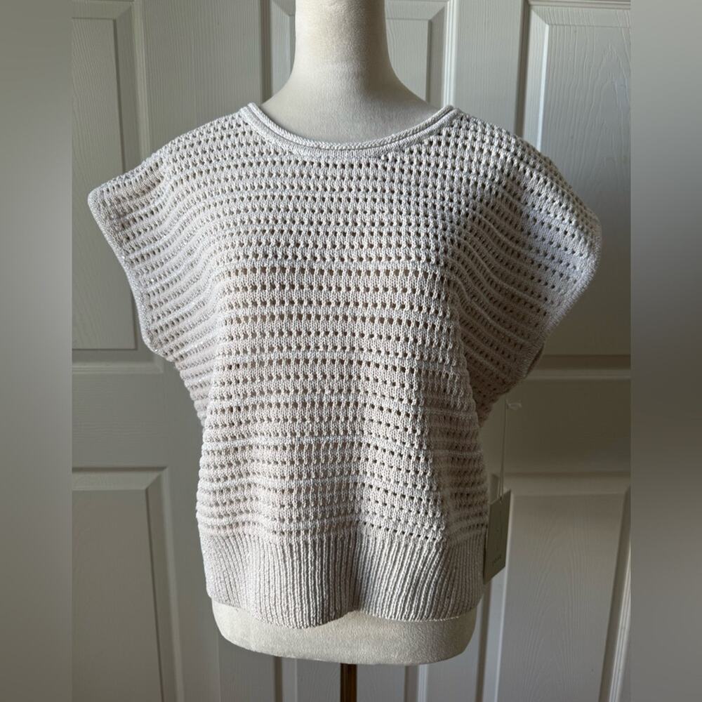 Joie NWT Ivory Open Knit Short Sleeve Sequin Sweater Womens Size L Boxy Coastal